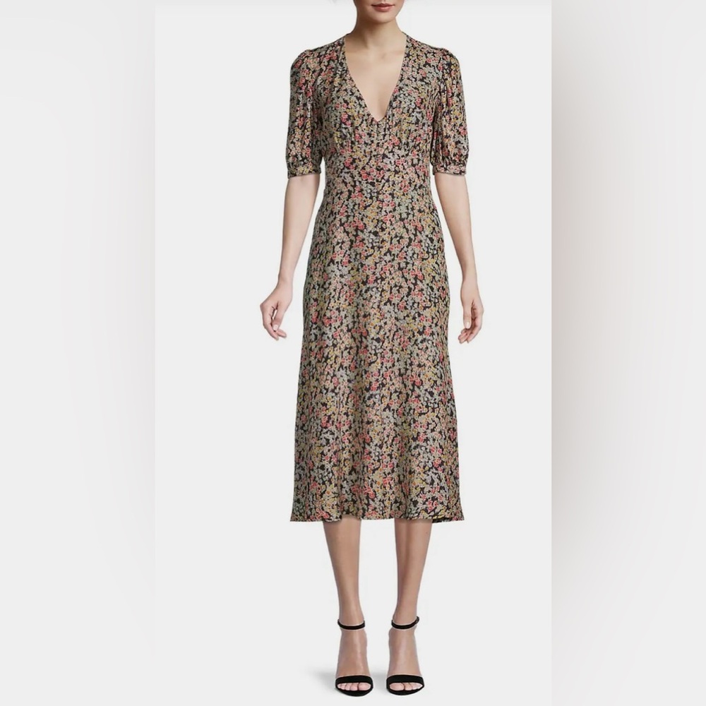Sessun Kensington Park 100% Silk Floral Print Boho Midi Women's Dress Sz S